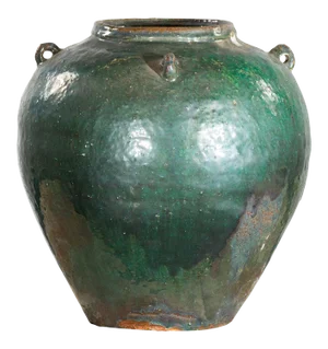 Chinese Vintage Hunan Style Green Glazed Water Jar with Petite Loop Handles