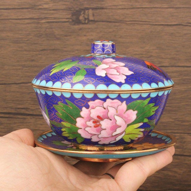 Metal Vintage Cloisonné Enamel Lidded Bowls With Saucers – Floral & Bird Motif - Set of 4 For Sale - Image 7 of 18