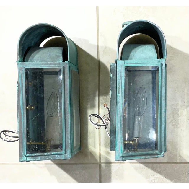 1920s Pair of Antique Verdigris Copper Wall Lanterns – Converted & Electrified For Sale - Image 5 of 17