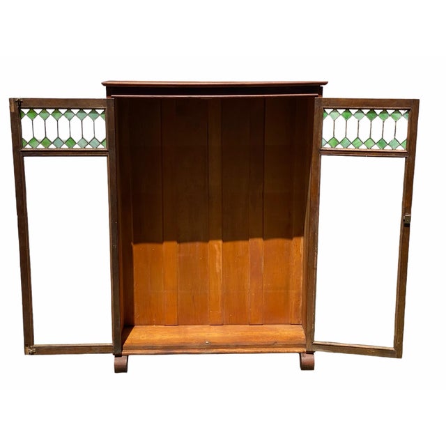 Wood Antique Oak Larkin Bookcase / China Cabinet With Green Slag Glass Doors For Sale - Image 7 of 12