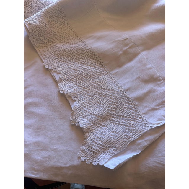 Antique French Linen Sheet With Hand Crochet Lace Trim Monogrammed White Trousseau Sheet Romantic French Bedding For Sale - Image 11 of 12