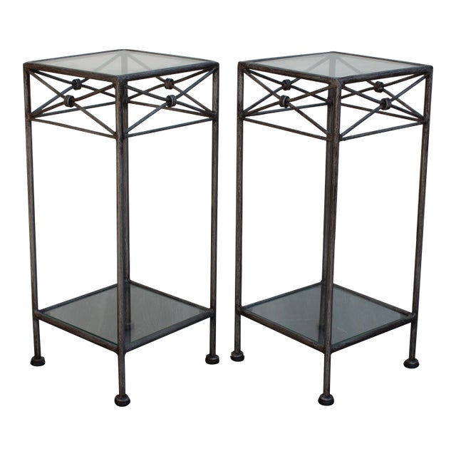 Pair of Late 20th Century Pedestal Two-Tiered Metal Tables For Sale