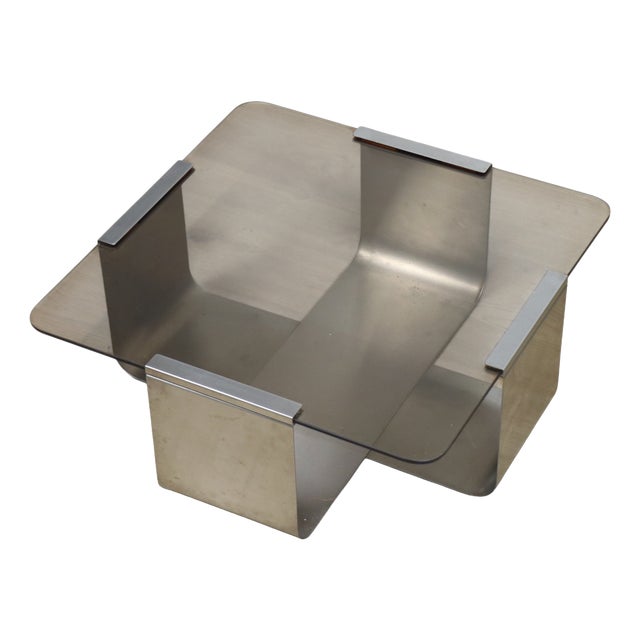 Coffee Table in Brushed Steel and Smoked Glass, 1970s For Sale