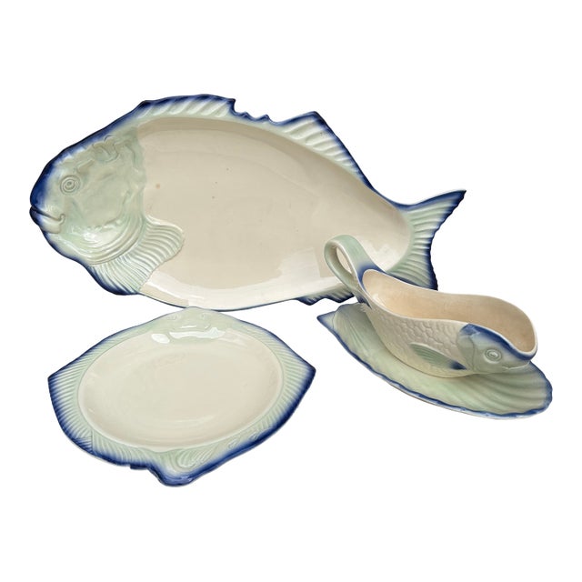 Majolica set of fish 12 plates, 1 platter and one saucer signed HBCM Montereau circa 1930. Included 14 pieces. Very large...