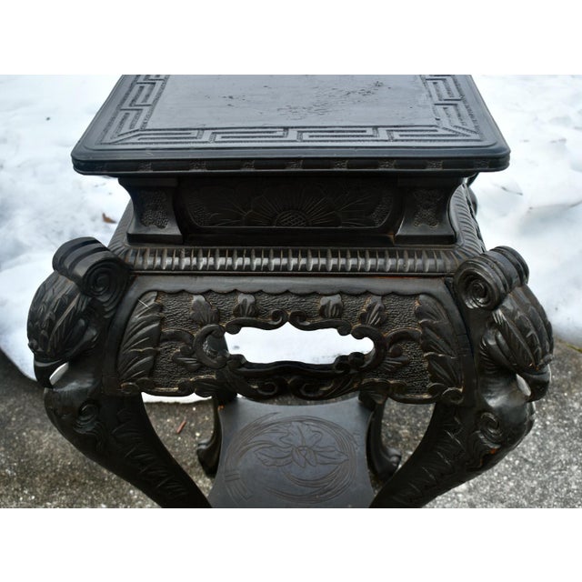 Antique Carved Chinese Two Tier Table W/Craved Birds For Sale - Image 4 of 14