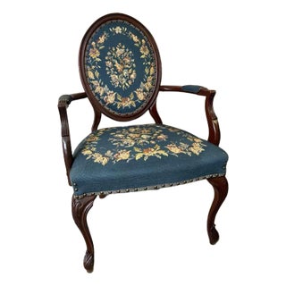 Early 20th Century Antique Victorian Style Balloon Back Carved Mahogany Needlepoint Open Armchair For Sale