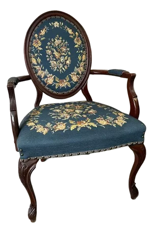 Early 20th Century Antique Victorian Style Balloon Back Carved Mahogany Needlepoint Open Armchair