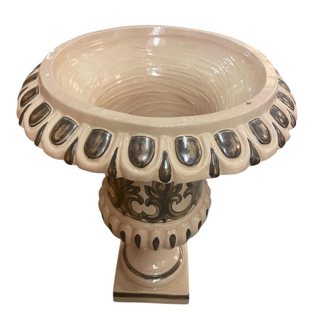 Vintage Neoclassical Style Ceramic Pedestal Urns - Pair For Sale - Image 4 of 9