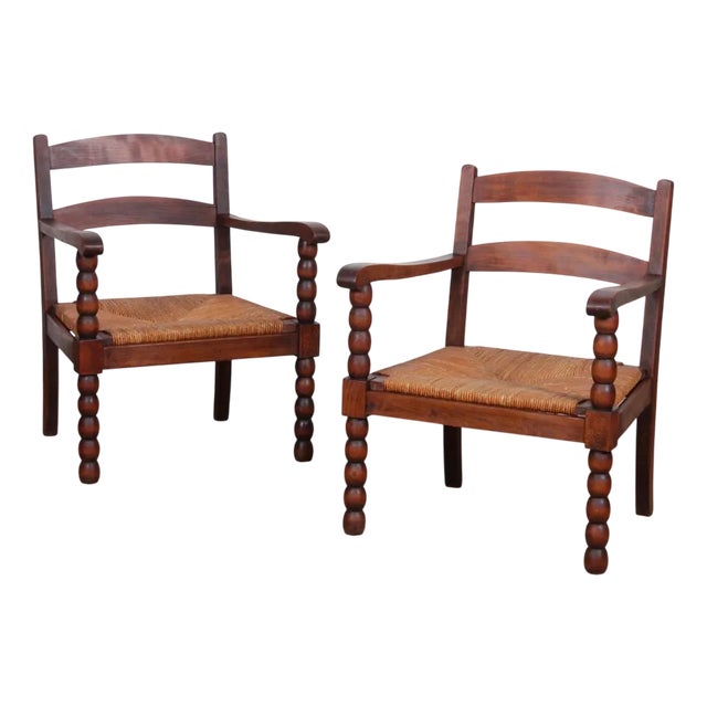 Oak and Straw Armchairs, 1940s, Set of 2 For Sale