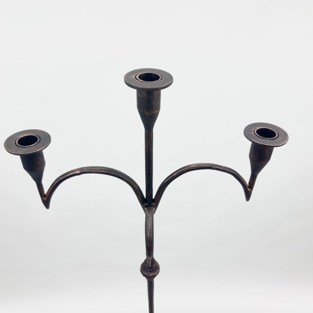 2020s Hand Forged Iron Floor Candelabra 50.5″ (128cm) Antique Copper Patina 3-Arm Tall & Slim Candle Holder Rustic Decor For Sale - Image 5 of 7