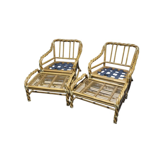 Vintage Pair of Organic Modern McGuire Twisted Bamboo Reclining Arm Chairs With Ottomans For Sale In Portland, OR - Image 6 of 13