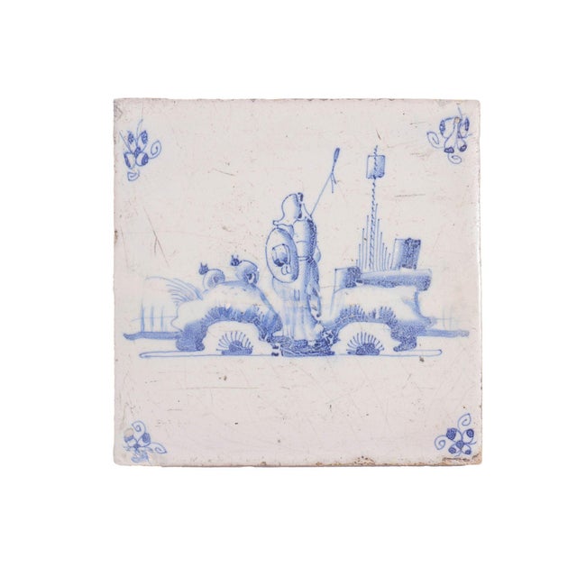 Set of 6 Delft Cobalt Blue Figural Faience Tiles, C. 1650 For Sale - Image 11 of 18