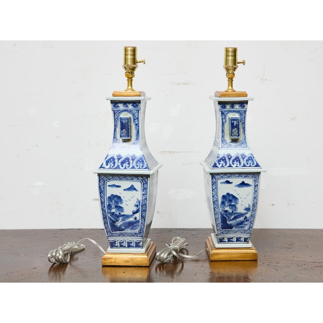 1920s Blue and White Porcelain Table Lamps, Asian - Pair For Sale - Image 4 of 11