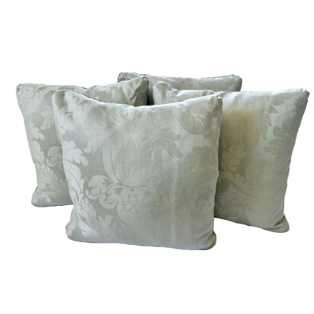 Four custom-made, occasionally used, Grey-Mint Green Patterned Boxed Sofa Pillows and 75% grey duck feathers/25% duck down...