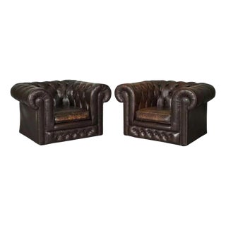 Vintage Brown Leather Chesterfield Club Tub Armchairs, Set of 2 For Sale