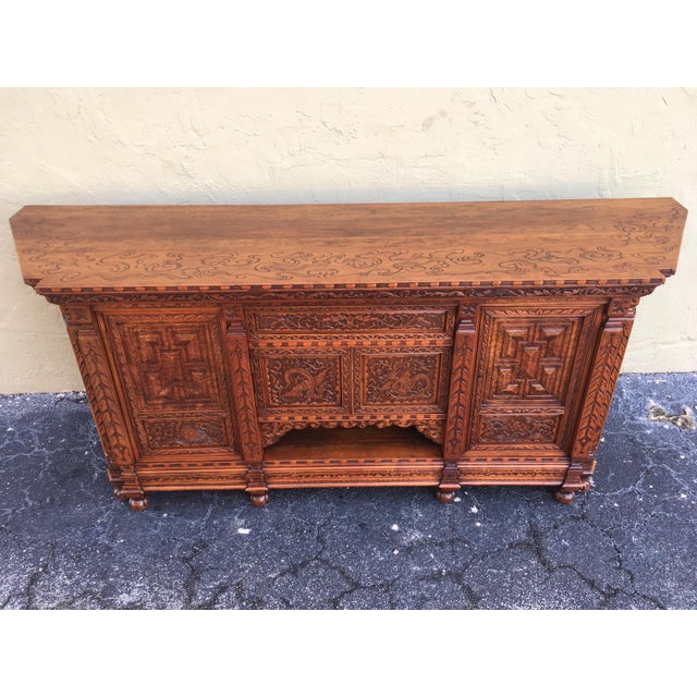 Brown Antique Japanesse Hand Carved Elmwood Cabinet, Sideboard, Meiji, 20th Century For Sale - Image 8 of 13