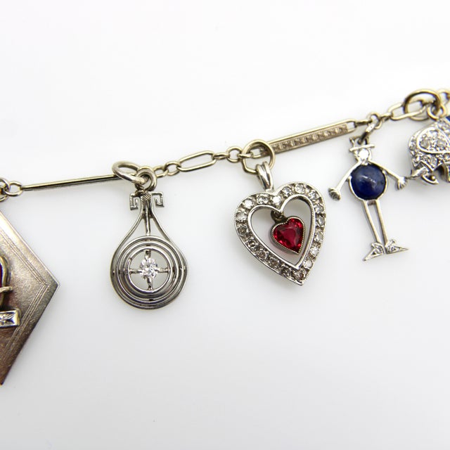 1920s Art Deco 14k Gold and Platinum Diamond and Gem Set Charm Bracelet For Sale - Image 4 of 12