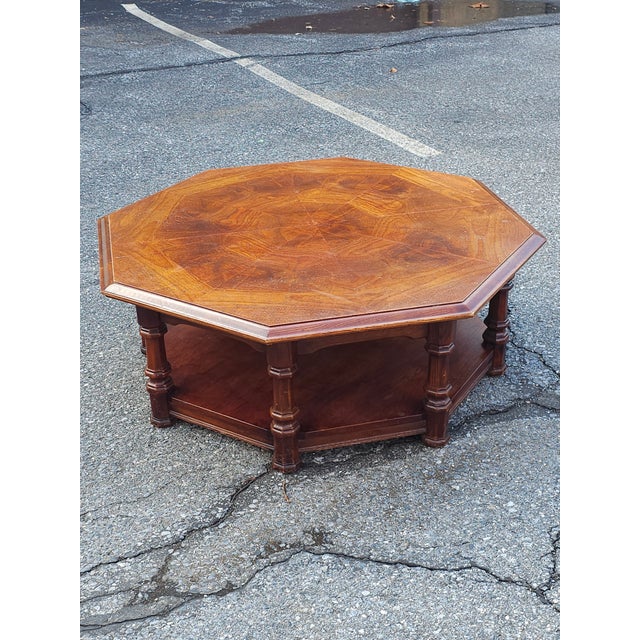 Late 20th Century Octogonal Bookmatched Burl Fruitwoods Tiered Coffee Table For Sale - Image 10 of 10