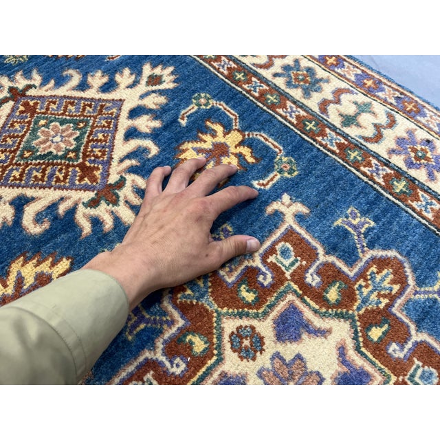 Blue and Beige Kazak-Style Wool Runner Rug, Natural Dyes, 2'8