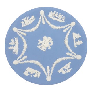 Wedgwood Blue Jasperware Plate — Cupid Stringing His Bow — Neoclassical Cherubs & Garlands For Sale