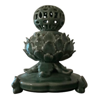 Korean Blue Celadon Style Incense Burner With Round Lattice Top For Sale