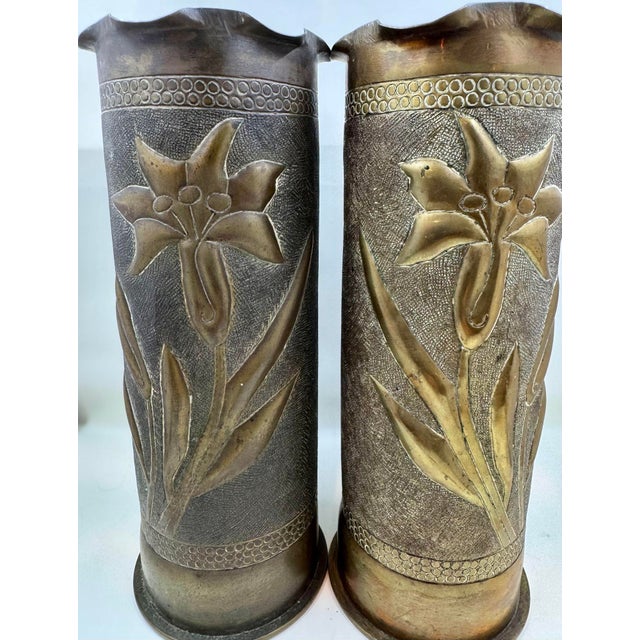 Metal Artistic Pair of World War I Brass Trench Art Vases Decorated With a Lily Floral Motif - Dated November 1917, Madgeburg, Germany For Sale - Image 7 of 11