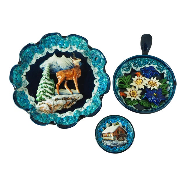 1950s French Vallauris Majolica Trompe l'Oeil Mountain Themed Wall Plates - Set of 3 For Sale