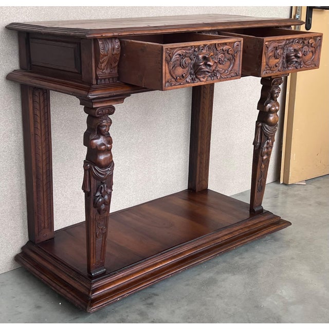 19th Century Console Carved Table Renaissance with Beige Marble Top For Sale In Miami - Image 6 of 18