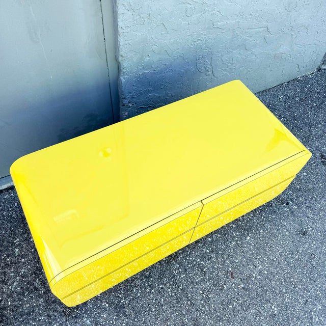 Postmodern Yellow Gloss Laminate Waterfall Chest of Drawers With Gold Accents For Sale In West Palm - Image 6 of 6