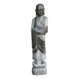 Chinese Weathered Black Gray Patina Stone Standing Monk Luohan Arhat Statue For Sale