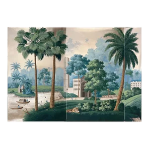 Panoramic Mural Landscape Hand Painted Wallpaper on Silver Metallic - Set of 3