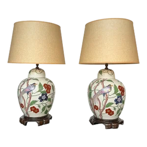 Pair of 20th Century Chinese Ginger Jar Lamps With Birds of Paradise
