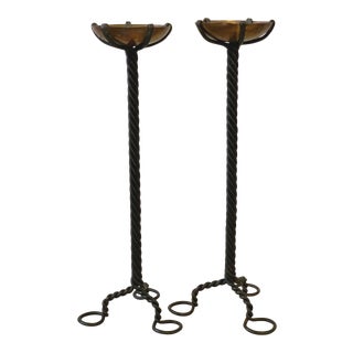 Vintage 1960s Hand Forged Copper + Wrought Iron Candleholders - a Pair For Sale