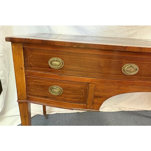 Traditional Early 1900's James Shoolbred & Co. Sheraton Revival Inlaid Mahogany Writing Desk on Casters For Sale - Image 3 of 18