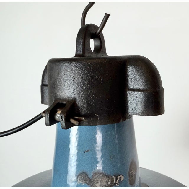 Industrial Blue Enamel Factory Lamp with Cast Iron Top, 1960s For Sale - Image 9 of 18