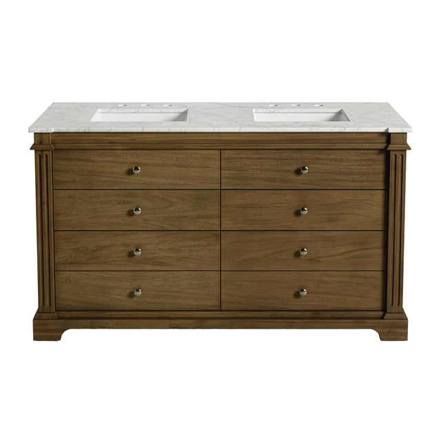Spritely Home Accent Furniture Rachelle 60 in. W Carrara Marble Top 6 Drawer Double Bathroom Vanity, Brown For Sale - Image 4 of 9