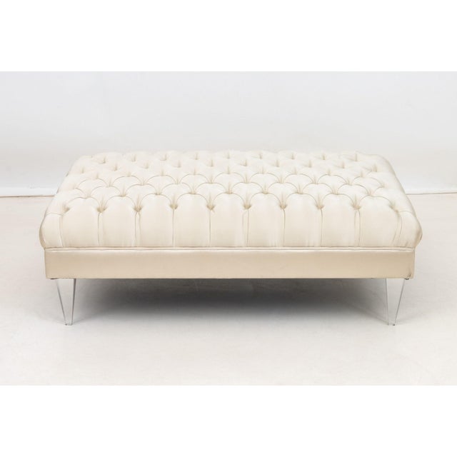 Fendi Button-Tufted White Silk Upholstered Bench, on four tapered acrylic legs, "Fendi" label to the side. 16" H x 48" W x...