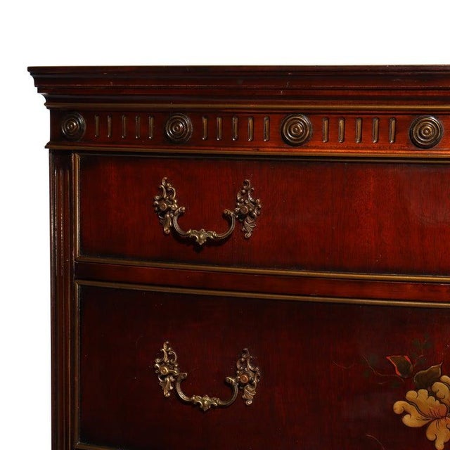 Floral Painted Chinese Chippendale Mahogany Six Drawer Highboy Chest C1920 For Sale - Image 4 of 18
