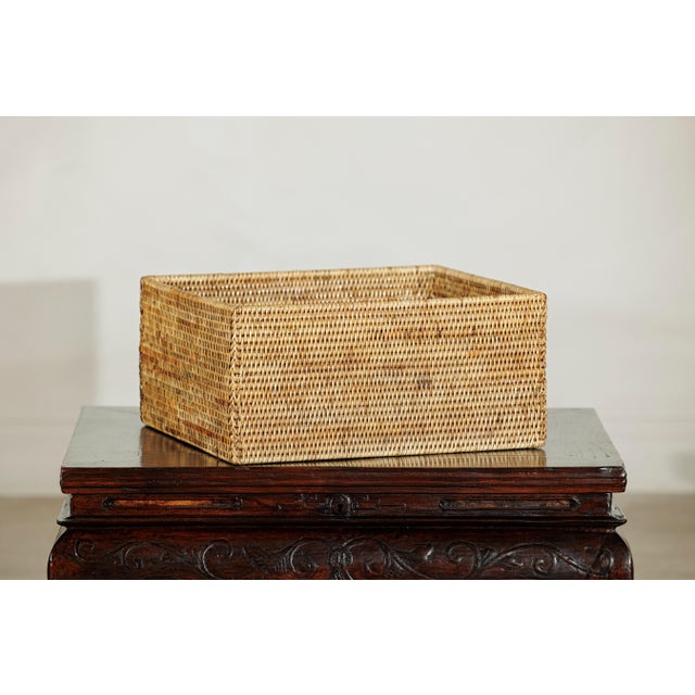 Vintage Handwoven Rattan Rectangular Storage Basket in Natural Honey Tone For Sale - Image 4 of 18