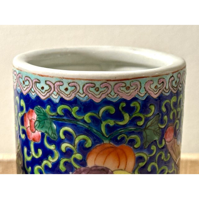 Vintage Chinoiserie Hand Painted Chinese Enameled Brush Pots - A Pair For Sale - Image 11 of 12
