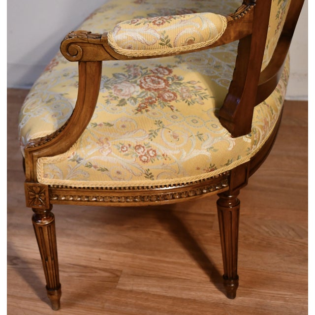 Brown 1910 Antique French Louis XV Carved Walnut Loveseat Spring-Seat & New Upholstery For Sale - Image 8 of 11