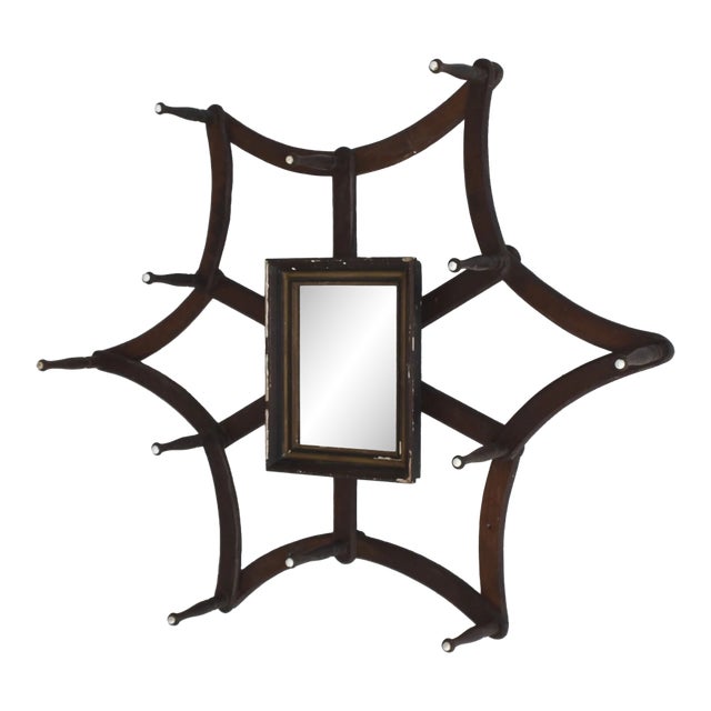 Antique Victorian Walnut Spiderweb Accordion Wall Rack With Central Mirror, Circa 1880s For Sale