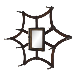 Antique Victorian Walnut Spiderweb Accordion Wall Rack With Central Mirror, Circa 1880s