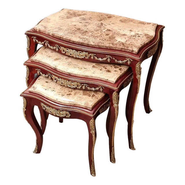 Rococo Style Marble Top Nesting Tables – Set of 3 With Gold Leaf Accents For Sale