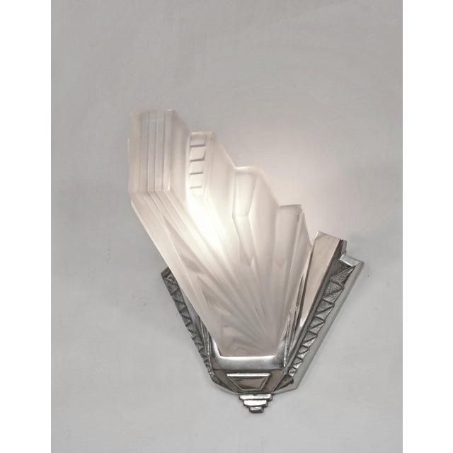 Art Deco Pair of Petitot & Muller Freres French Art Deco Stepped Geometric Wall Sconces 1930s . 2 Pair Available For Sale - Image 3 of 12