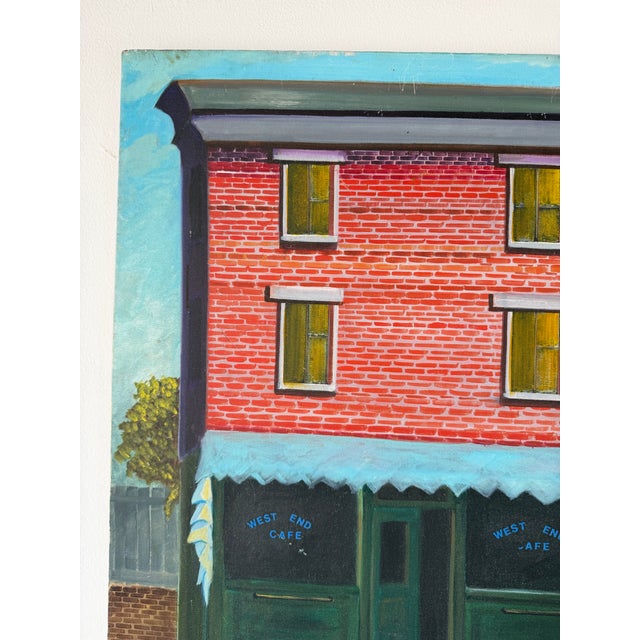 1980’s j.d. Fotopoulos “West End Cafe” Urban Streetscape Oil on Canvas – Unframed For Sale In Miami - Image 6 of 12