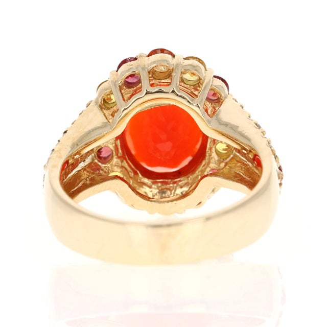 2020s 4.29 Carat Oval Cut Fire Opal Sapphire Diamond Yellow Gold Cocktail Ring Size 7 For Sale - Image 5 of 7