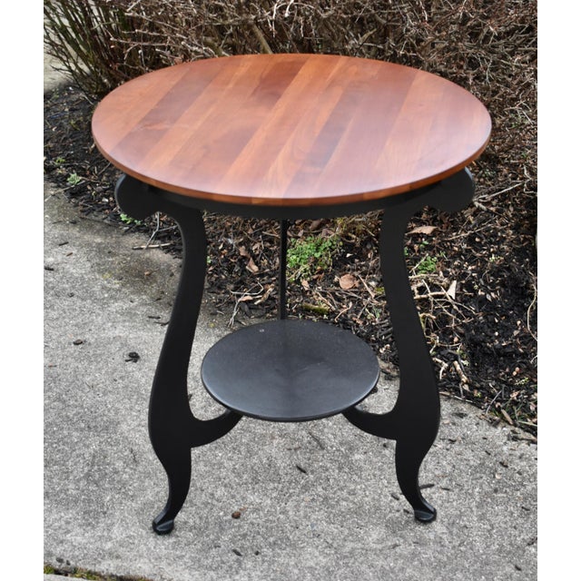 Wood Ethan Allen Cherry Table Top End Round Black Metal Two Tier Accent Side Vintage For Sale - Image 7 of 11