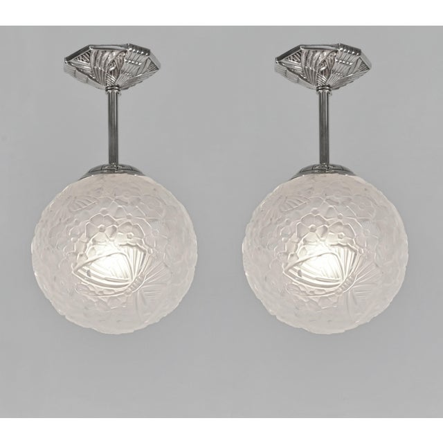 HETTIER & VINCENT A beautiful 1925 - 1930 pair of French art deco flush mounts by Hettier & Vincent in nickel plated solid...