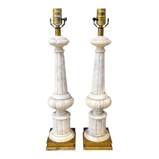 1940 French Carved Alabaster Columns Lamps - a Pair For Sale
